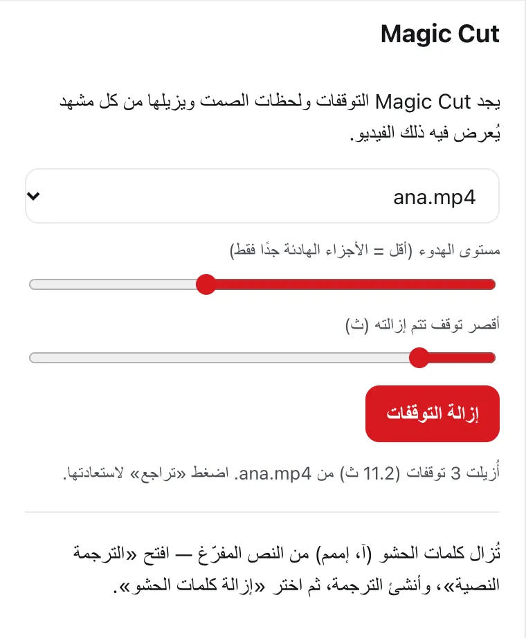لوحة Magic Cut في DailyCut بعد إزالة 3 توقفات من تسجيل تجريبي