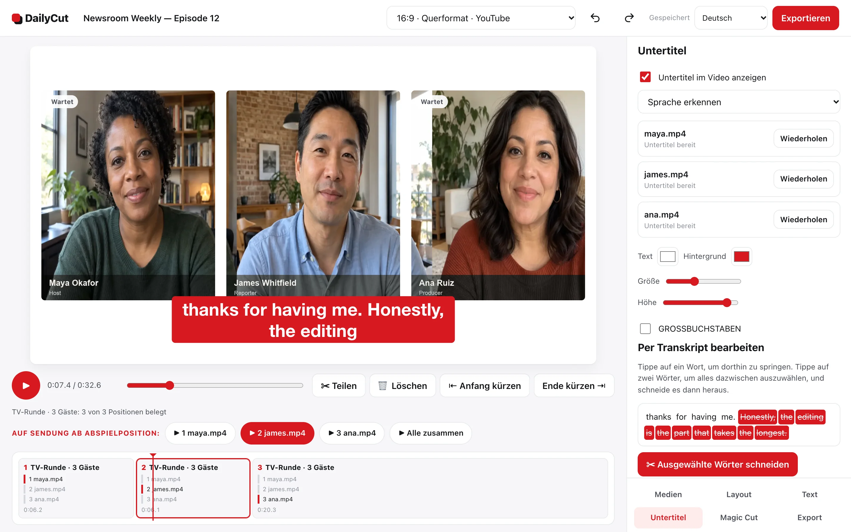 Der echte DailyCut-Editor mit drei synthetischen Demo-Teilnehmenden aus getrennten Aufnahmen gemeinsam in der Videovorschau, daneben Transkript und Bearbeitungswerkzeuge