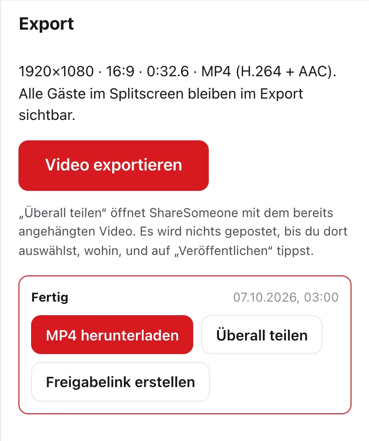 Der Export-Bereich von DailyCut mit einer fertigen MP4 zum Herunterladen oder Teilen