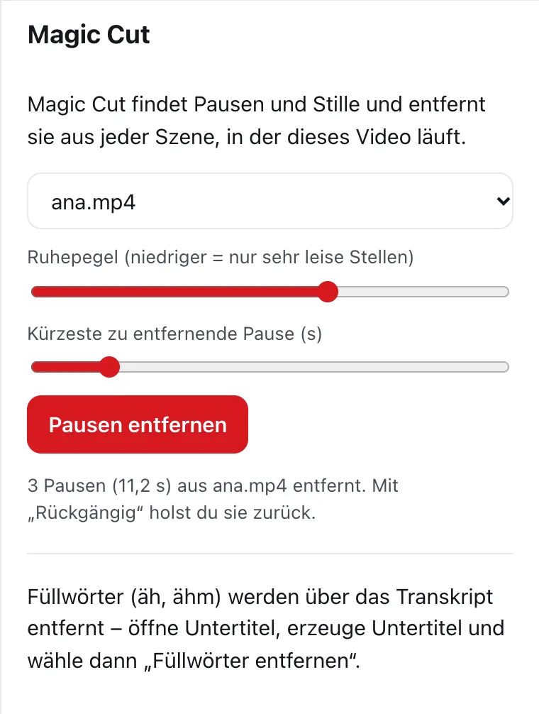 Der Magic-Cut-Bereich von DailyCut, nachdem 3 Pausen aus einer Demo-Aufnahme entfernt wurden