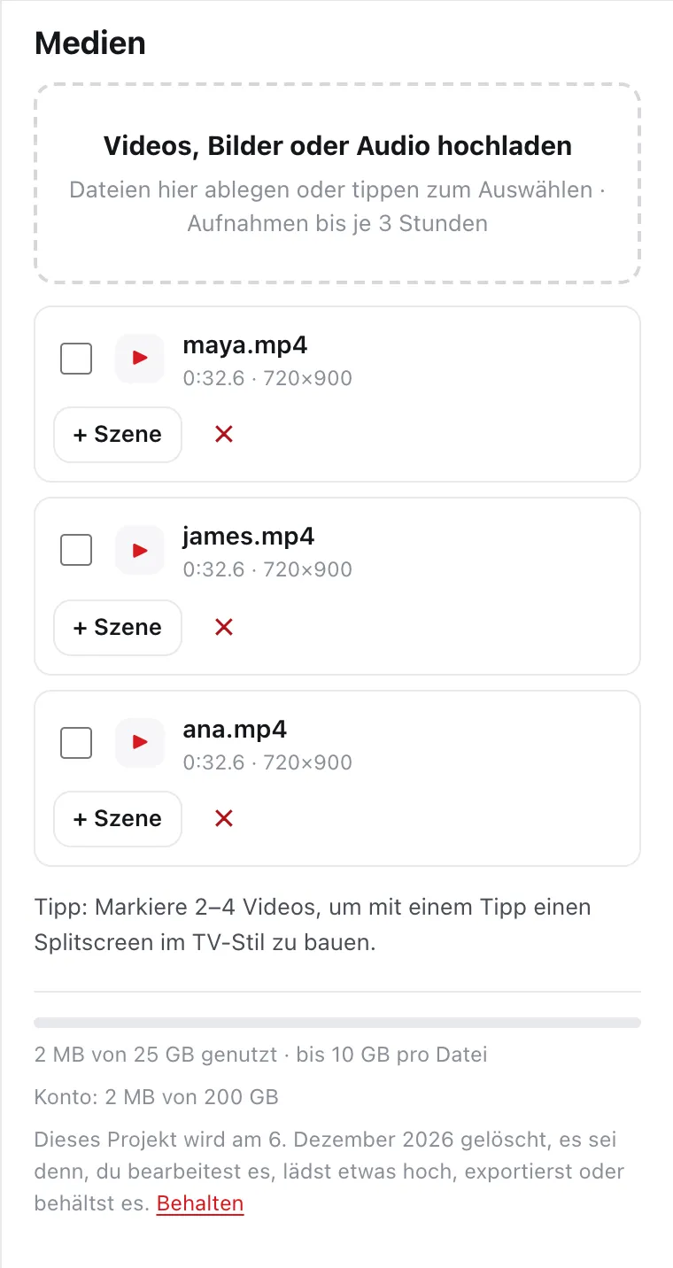 Der Medienbereich von DailyCut mit drei hochgeladenen Demo-Aufnahmen