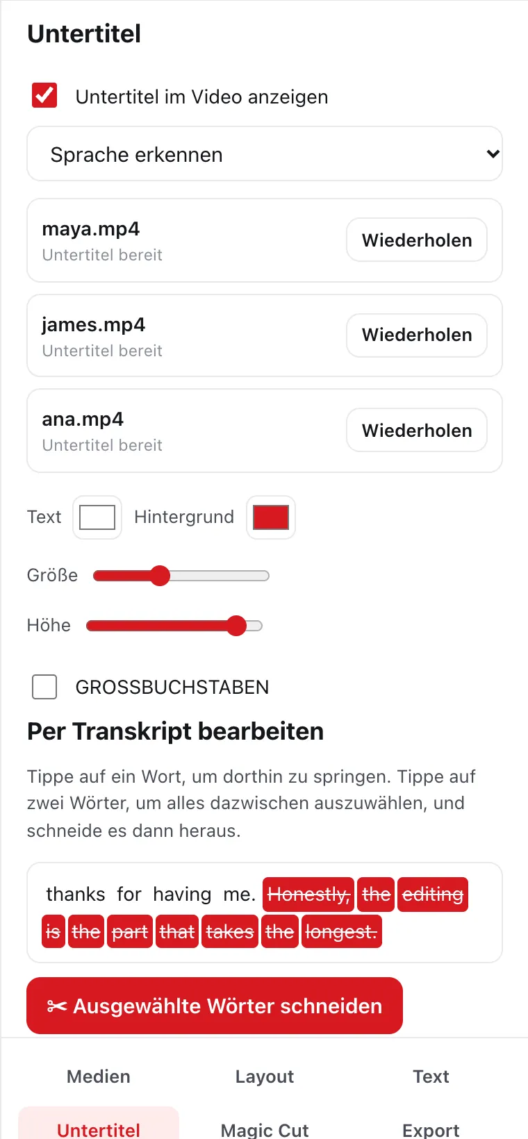 Echte Transkript-Auswahl in DailyCut mit den Schaltflächen „Ausgewählte Wörter schneiden“ und „Füllwörter entfernen“