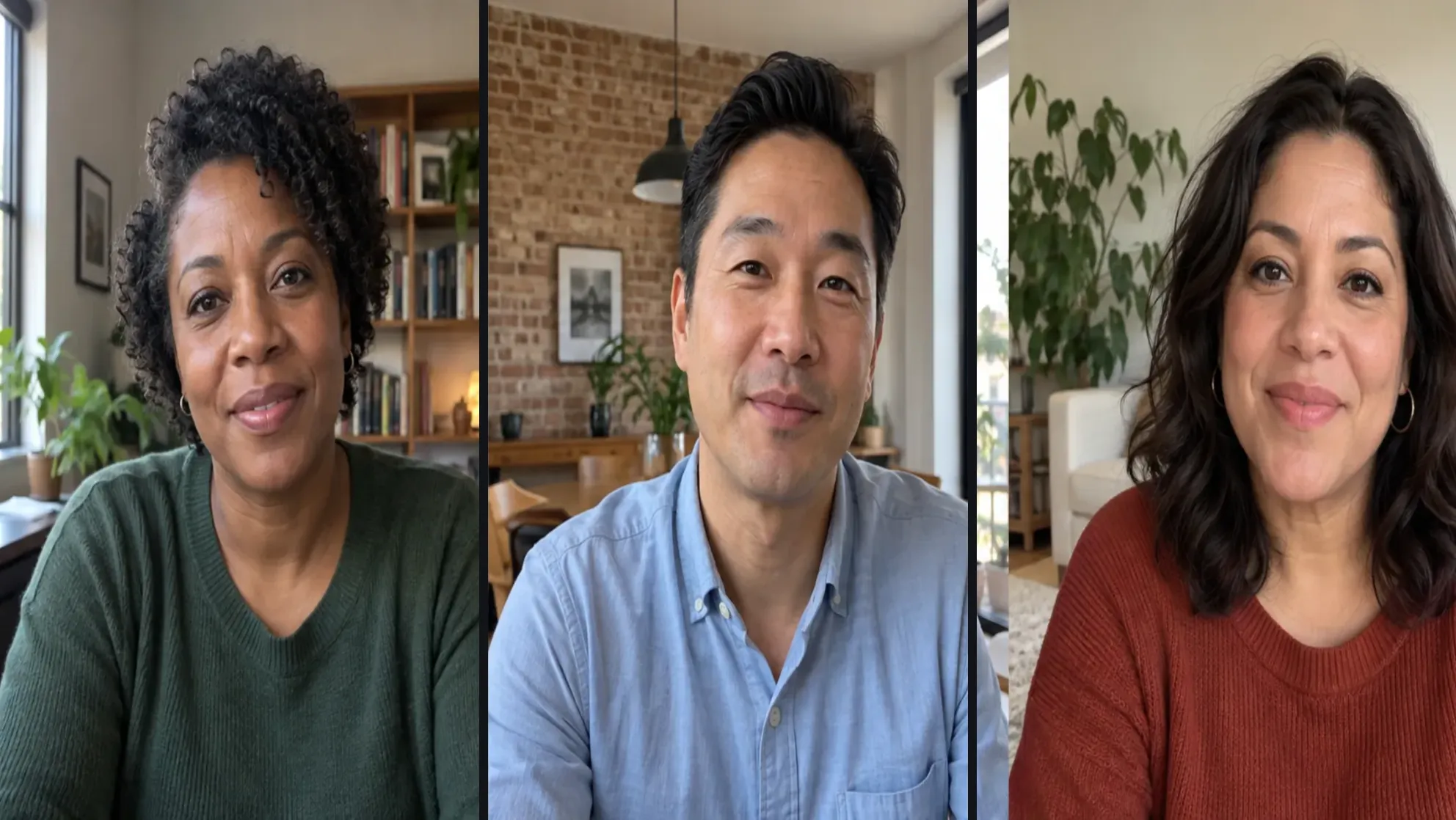 Three synthetic demo participants, separately recorded in different rooms, shown together in DailyCut’s video composition