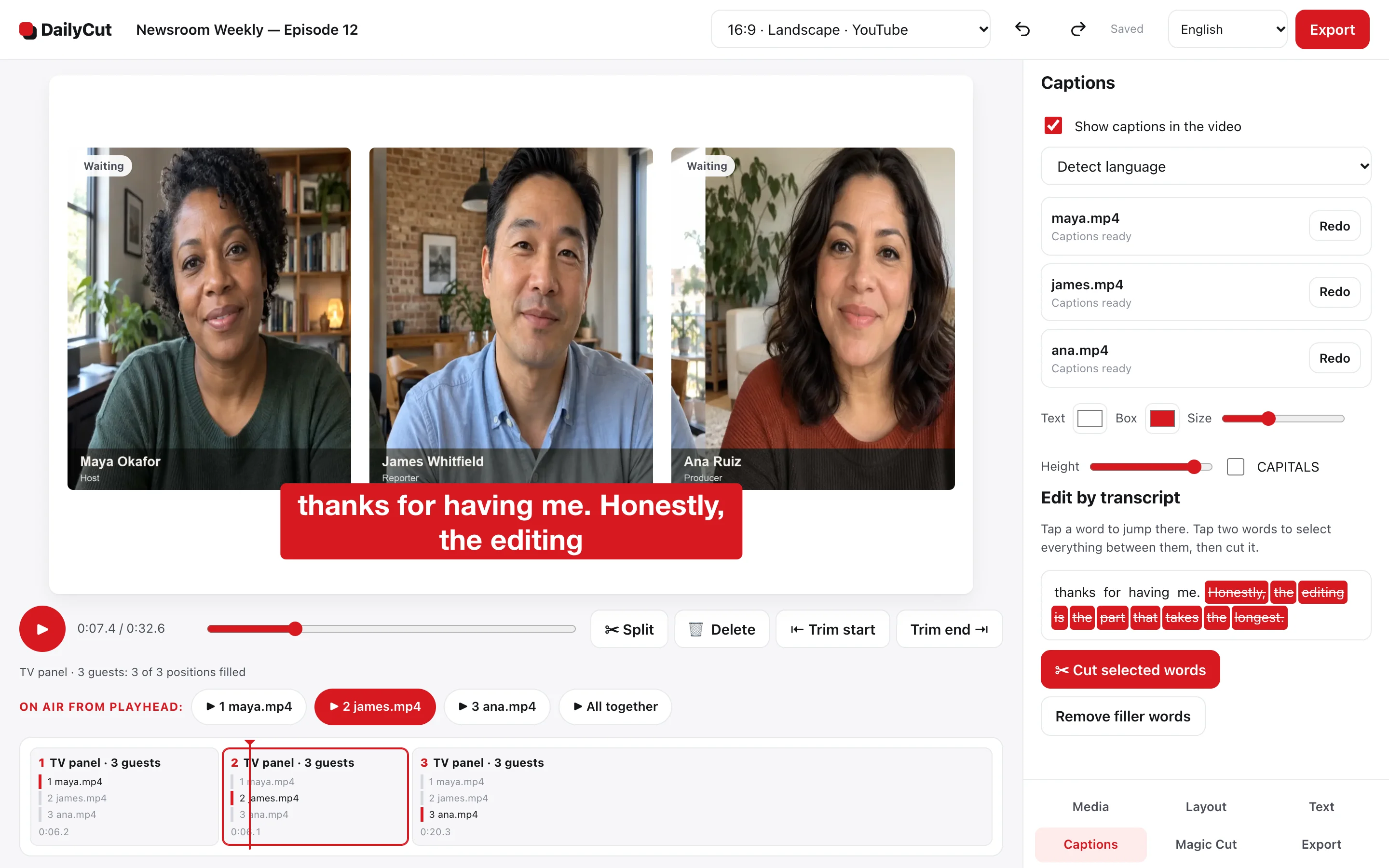 The real DailyCut editor with three synthetic demo participants from separate recordings together in the video preview, alongside its transcript and editing controls