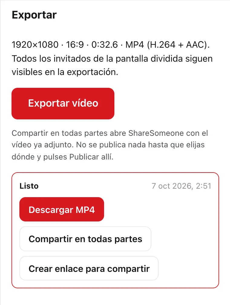 El panel Exportar de DailyCut con un MP4 terminado listo para descargar o compartir