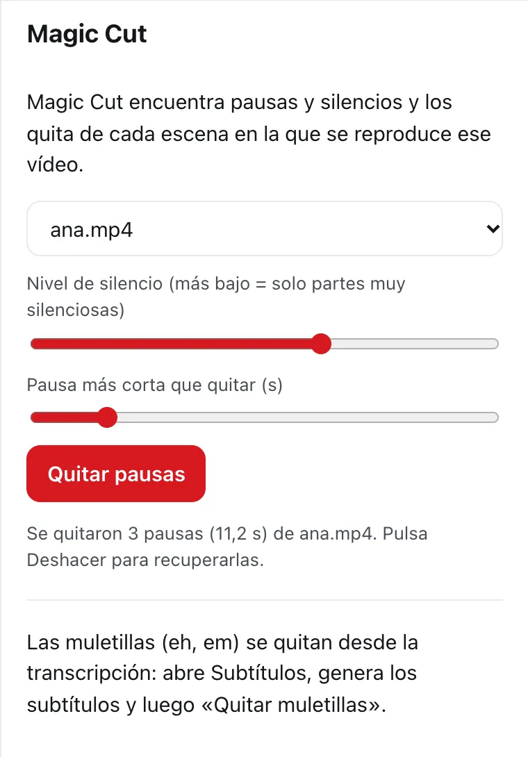 El panel Magic Cut de DailyCut tras quitar 3 pausas de una grabación de demostración