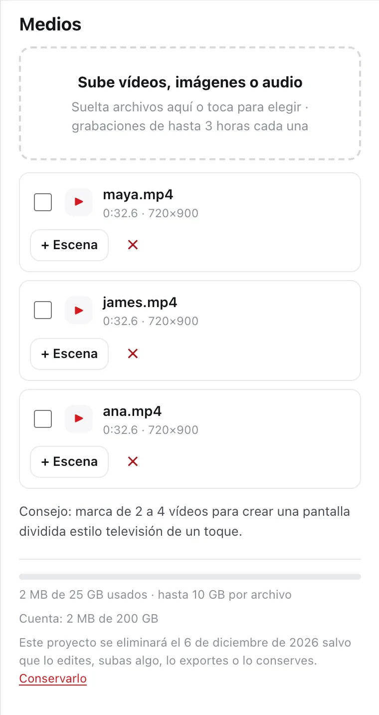 El panel Medios de DailyCut con tres grabaciones de demostración subidas