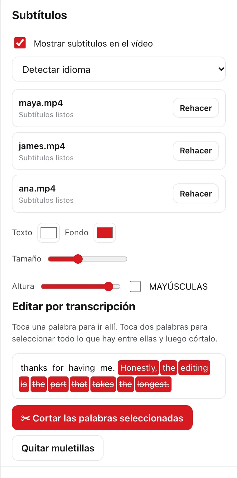 Selección real de transcripción en DailyCut, con los controles Cortar las palabras seleccionadas y Quitar muletillas