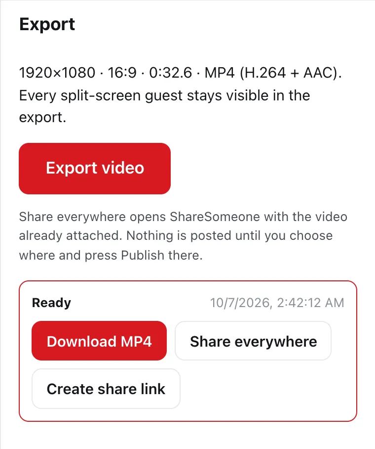 DailyCut’s Export panel with a finished MP4 ready to download or share