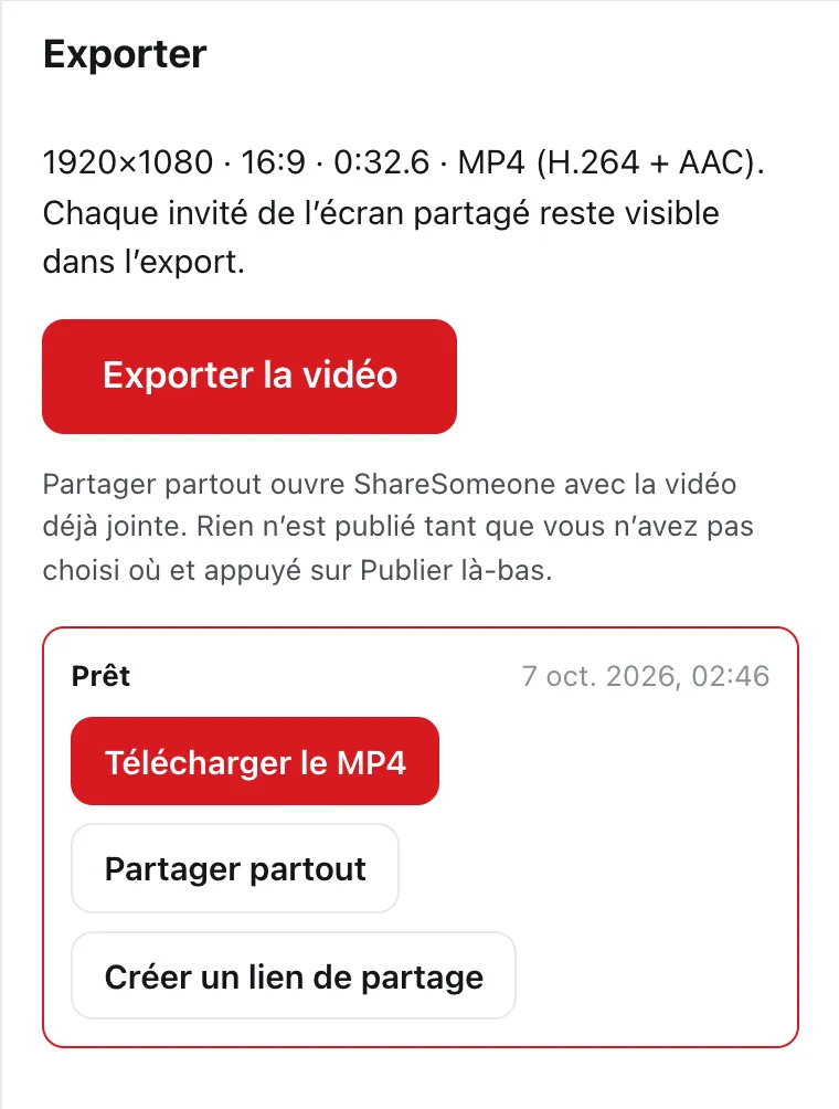Le panneau Exporter de DailyCut avec un MP4 fini prêt à télécharger ou à partager