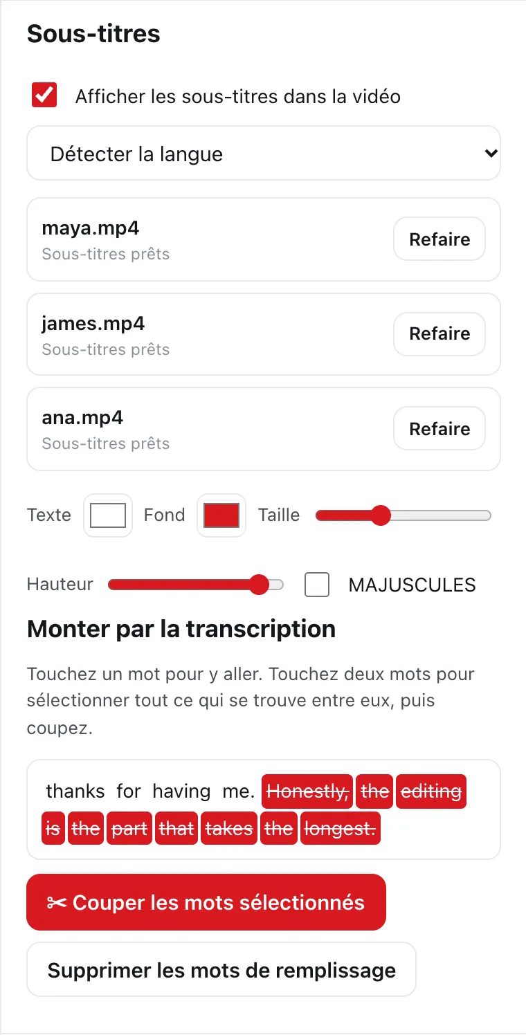 Vraie sélection de transcription DailyCut, avec les commandes Couper les mots sélectionnés et Supprimer les mots de remplissage