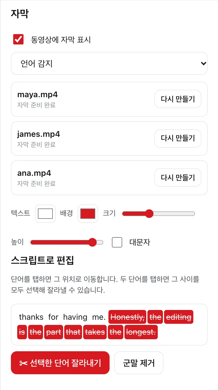DailyCut의 실제 스크립트 선택 화면과 “선택한 단어 잘라내기”, “군말 제거” 버튼