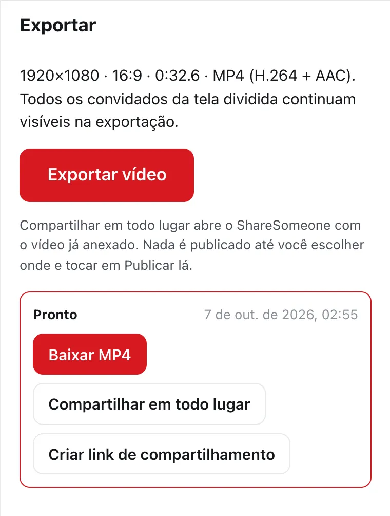 O painel Exportar do DailyCut com um MP4 pronto para baixar ou compartilhar
