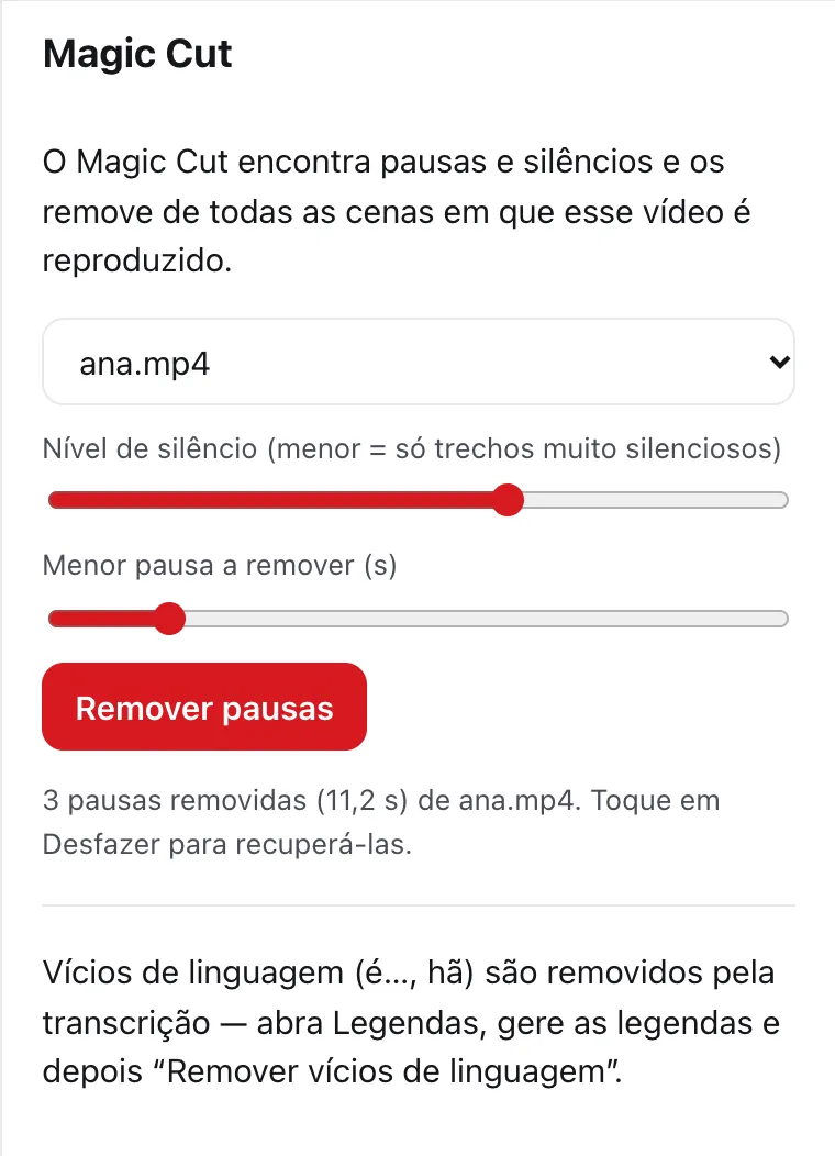 O painel Magic Cut do DailyCut depois de remover 3 pausas de uma gravação de demonstração