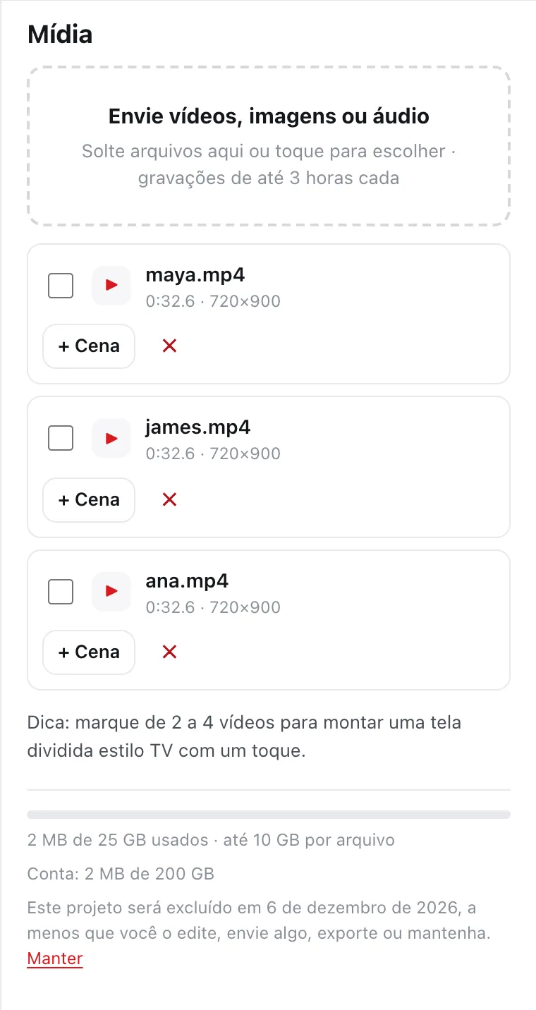 O painel Mídia do DailyCut com três gravações de demonstração enviadas