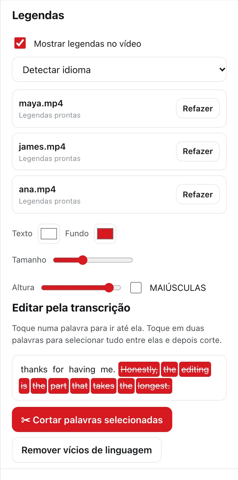 Seleção real de transcrição no DailyCut, com os controles Cortar palavras selecionadas e Remover vícios de linguagem