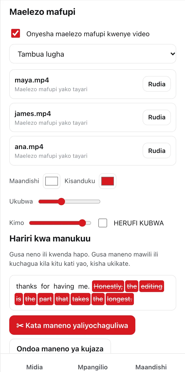 Uchaguzi halisi wa manukuu katika DailyCut, pamoja na vitufe vya Kata maneno yaliyochaguliwa na Ondoa maneno ya kujaza