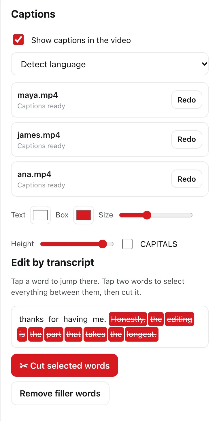 Actual DailyCut transcript selection, Cut selected words and Remove filler words controls